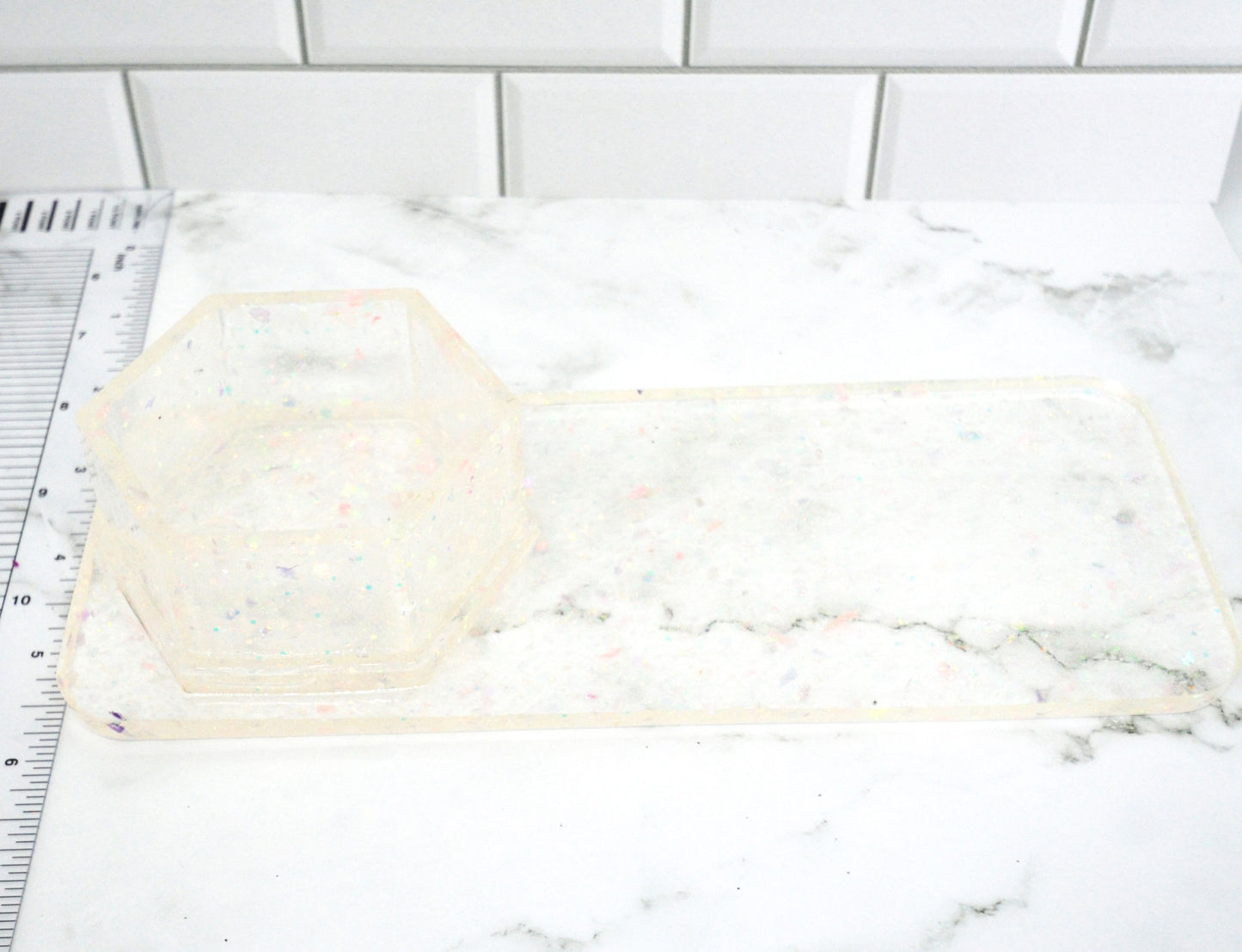 Iridescent Confetti Resin Desk Organizer – Built-In Hexagon Cup