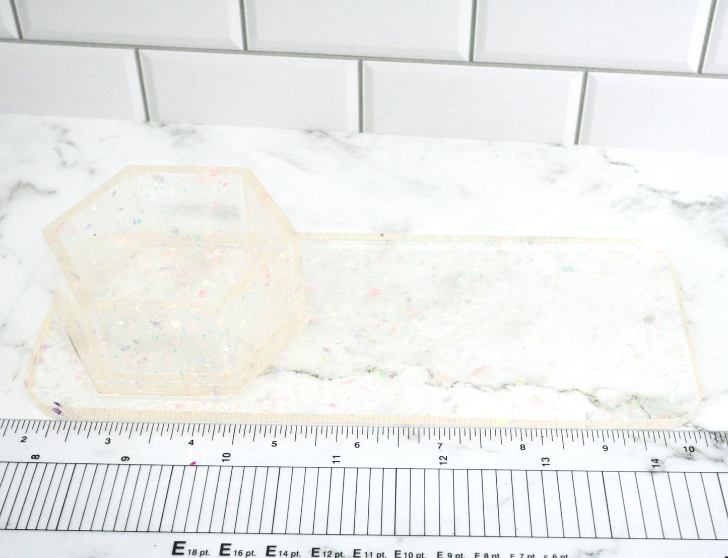 Iridescent Confetti Resin Desk Organizer – Built-In Hexagon Cup