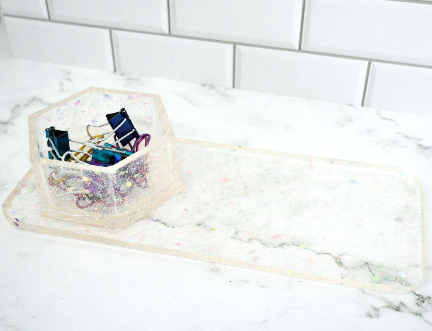 Iridescent Confetti Resin Desk Organizer – Built-In Hexagon Cup