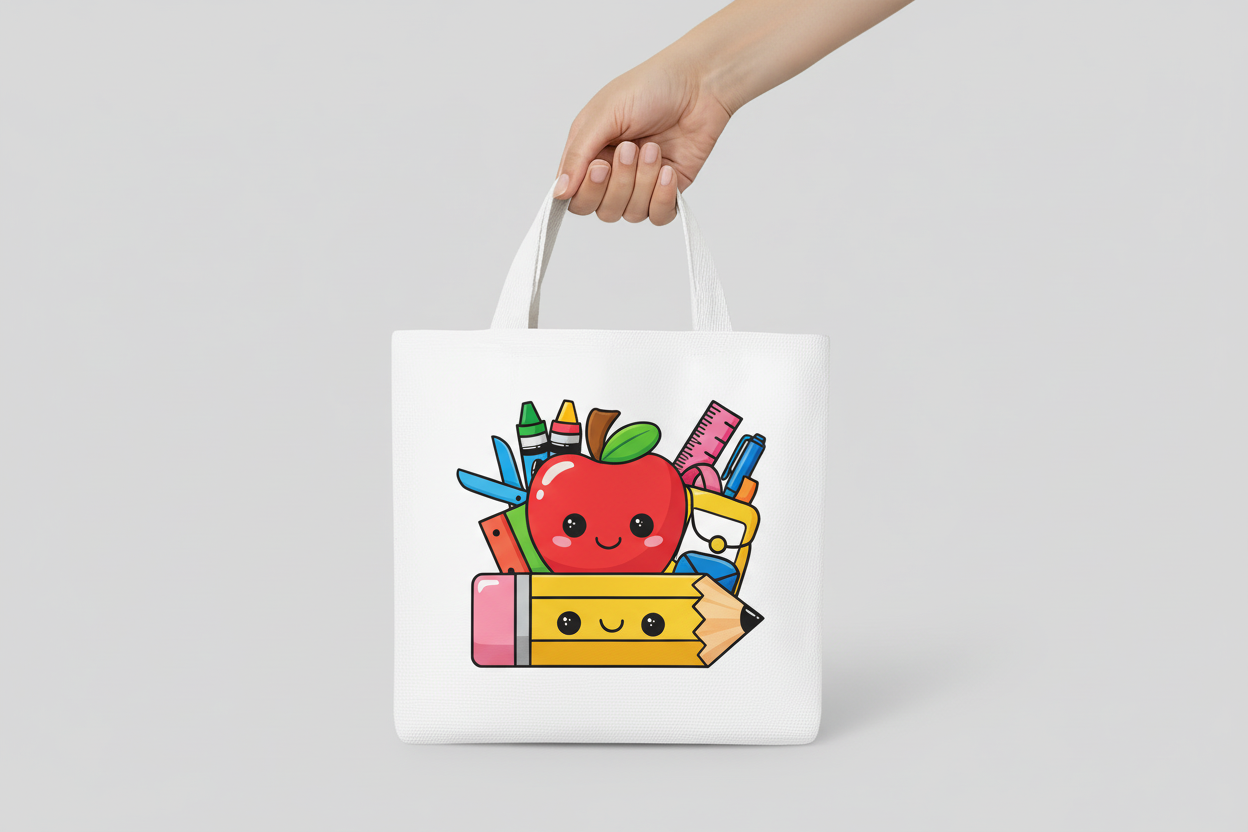 White tote bag with a black and white design of an apple and school supplies on a colorful background with stationery items.