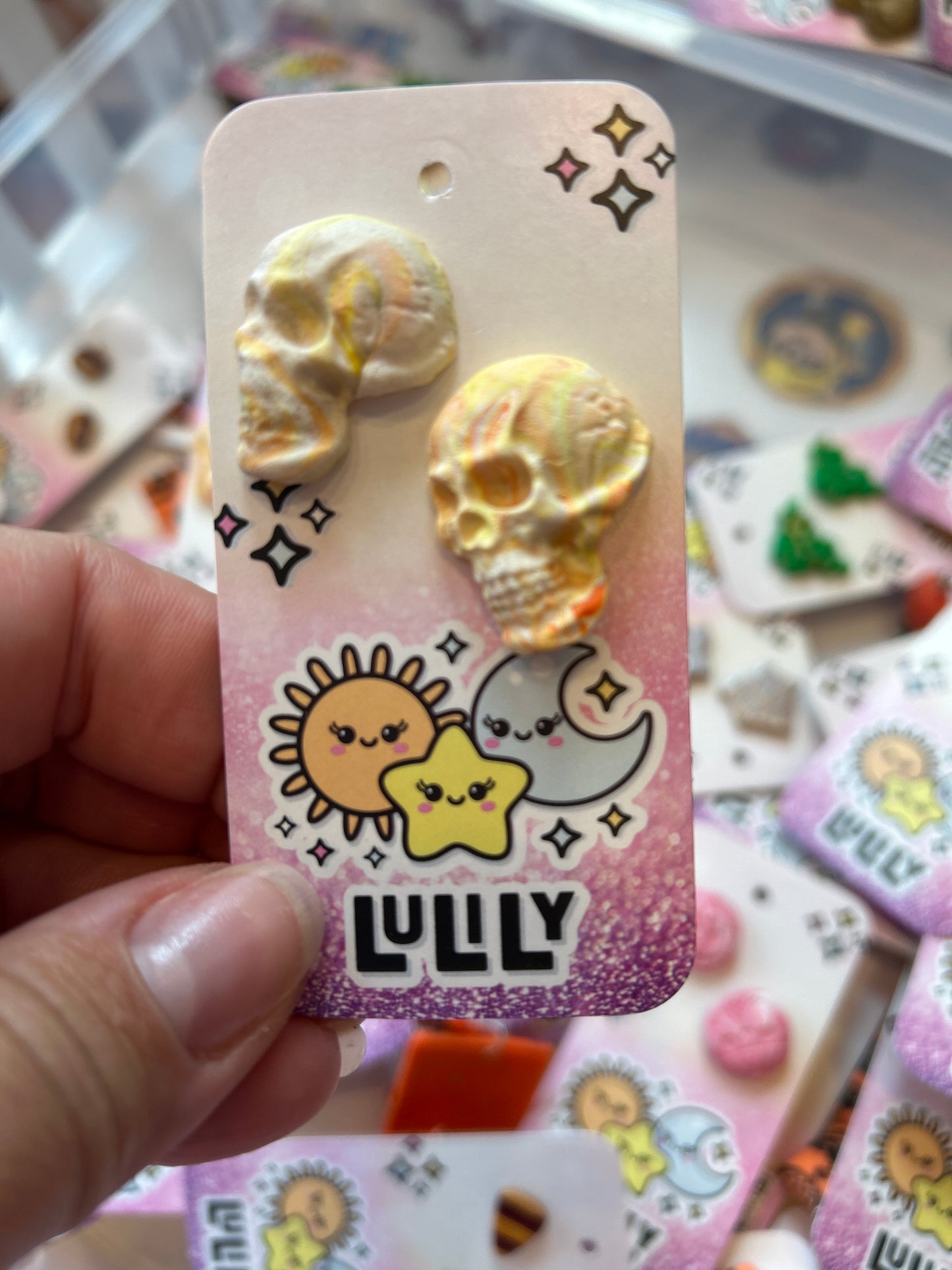 White Orange Swirl Skull Stud Earrings