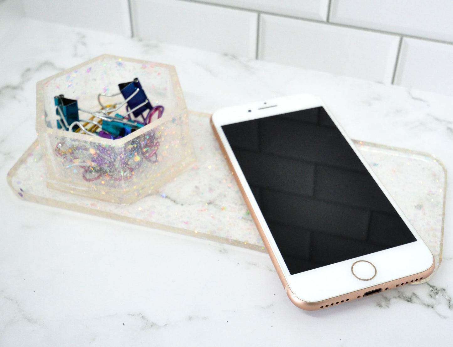 Iridescent Confetti Resin Desk Organizer – Built-In Hexagon Cup