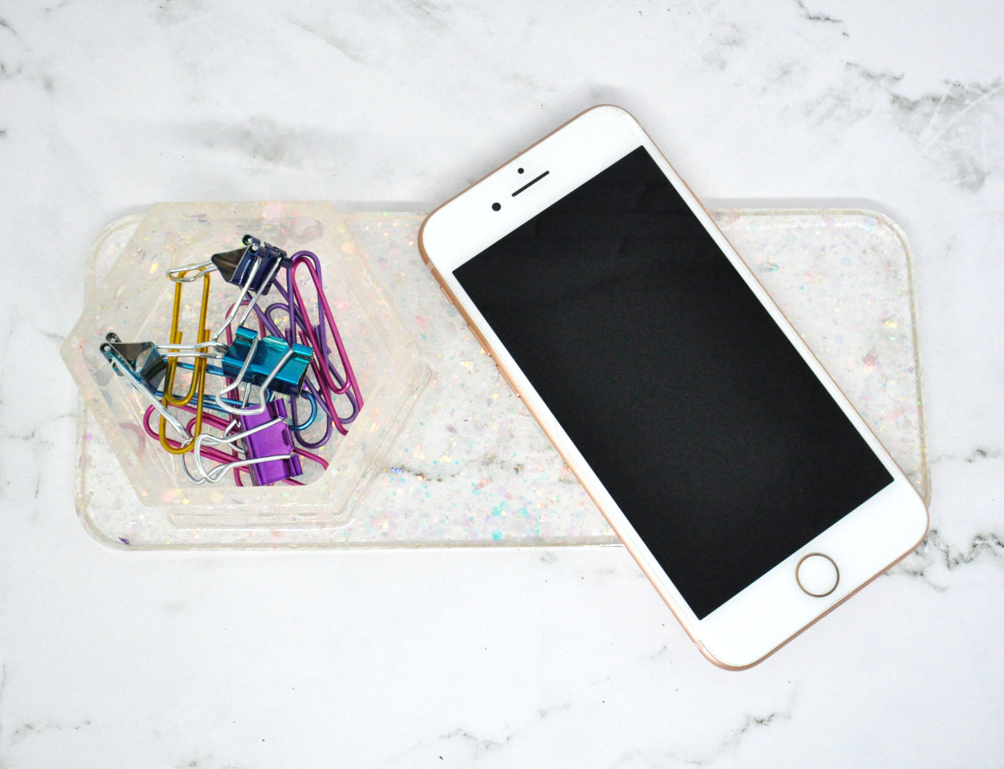 Iridescent Confetti Resin Desk Organizer – Built-In Hexagon Cup