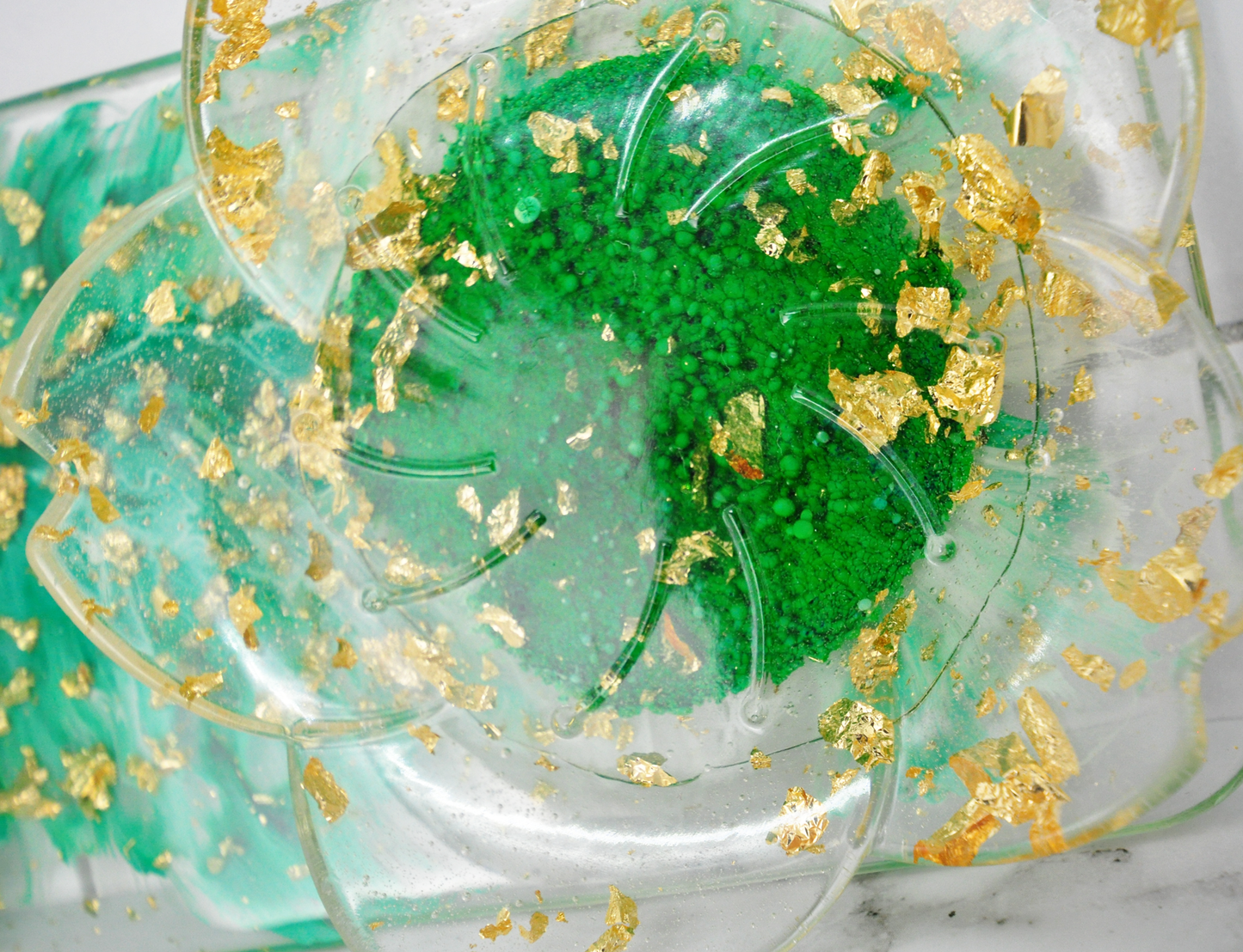 Green Feather & Gold Foil Resin Tray with Lotus Dish