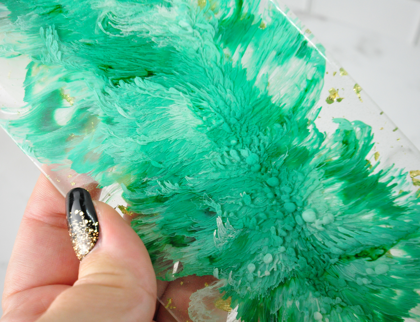 Green Feather & Gold Foil Resin Tray with Lotus Dish