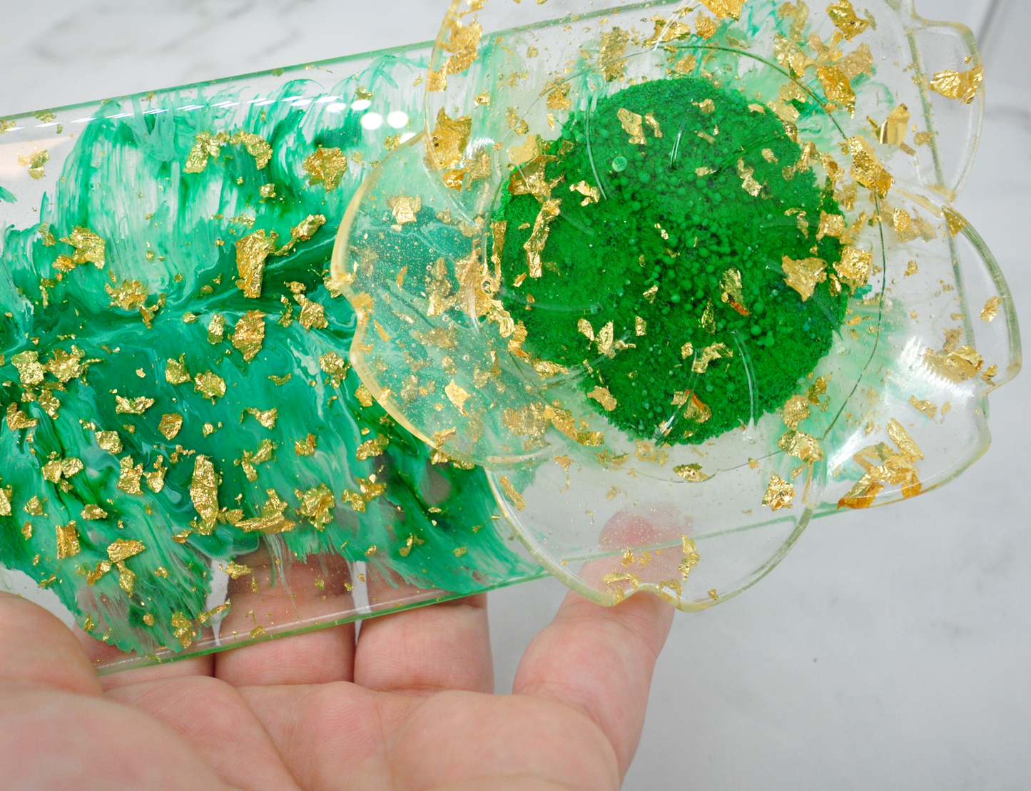 Green Feather & Gold Foil Resin Tray with Lotus Dish