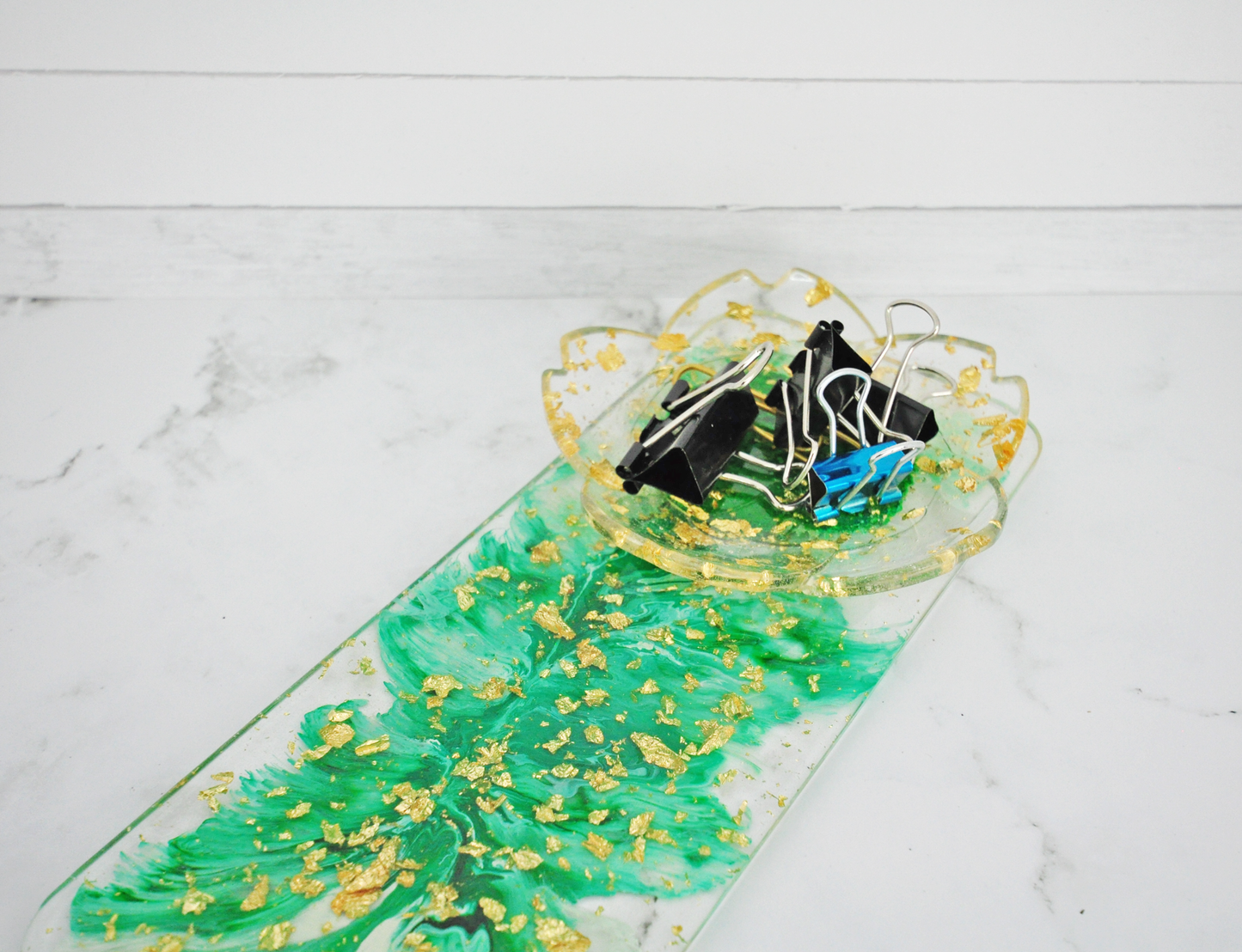 Green Feather & Gold Foil Resin Tray with Lotus Dish