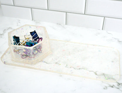 Iridescent Confetti Resin Desk Organizer – Built-In Hexagon Cup
