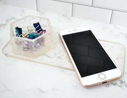 Iridescent Confetti Resin Desk Organizer – Built-In Hexagon Cup