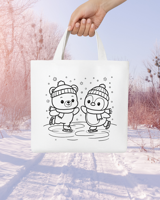 Ice Skating DIY Paint Tote Bag Kit for Kids – Winter Craft Fun with Paints, Stickers & Brush ⛸️❄️