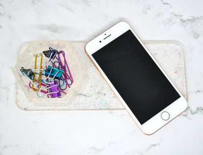 Iridescent Confetti Resin Desk Organizer – Built-In Hexagon Cup