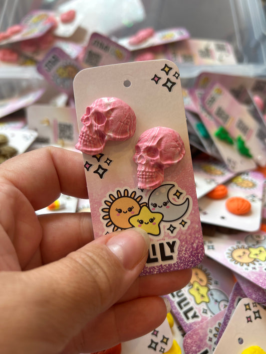 White Pink Swirl Skull Studs