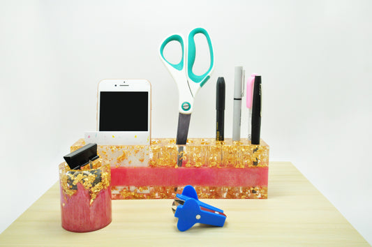 2-Piece Pink & Gold Resin Desk Organizer Set