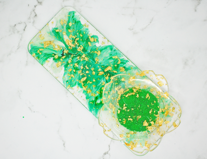 Green Feather & Gold Foil Resin Tray with Lotus Dish