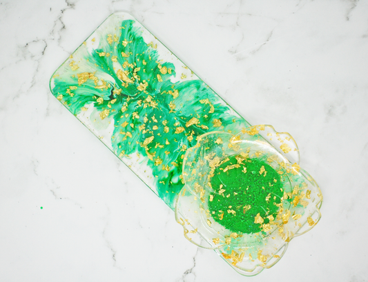 Green Feather & Gold Foil Resin Tray with Lotus Dish