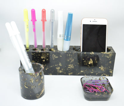 3-Piece Black & Gold Resin Desk Organizer Set