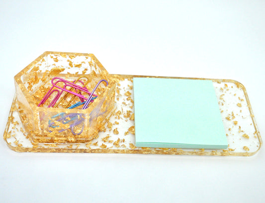 Gold Flake Resin Desk Tray & Hexagon Organizer