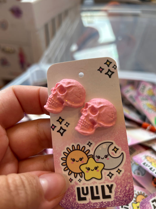 Pink Glitter Skull Stud Earrings