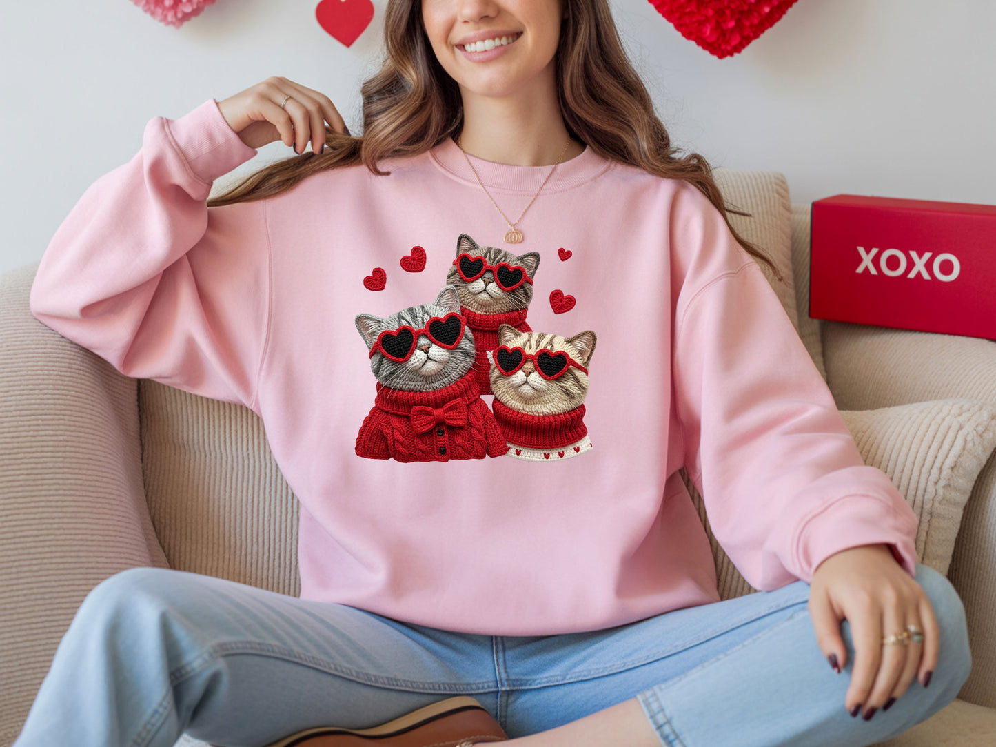 Faux Cat Trio Valentine Pink Sweatshirt