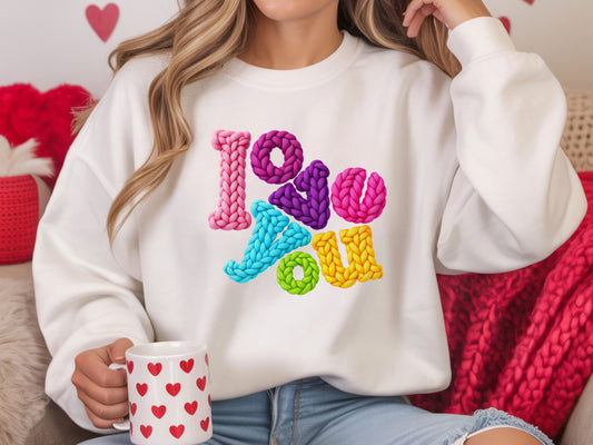 Faux Yarn Crochet Love You White Sweatshirt