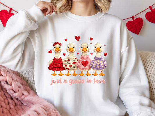 Faux Knit Yarn Just a Goose in Love Valentine Sweatshirt