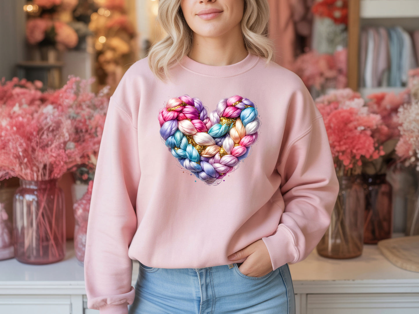 Faux Crochet Braided Heart Valentine Pink Sweatshirt