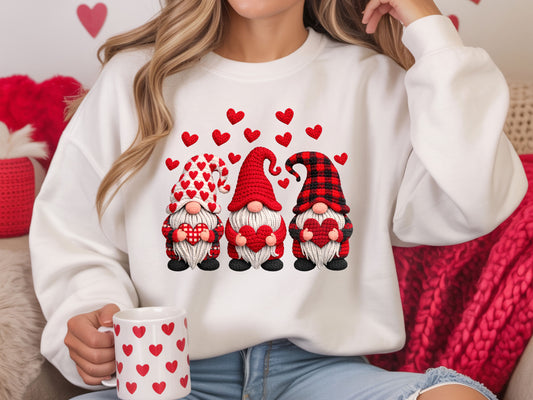 Faux Yarn Valentine's Day Gnomes White Sweatshirt