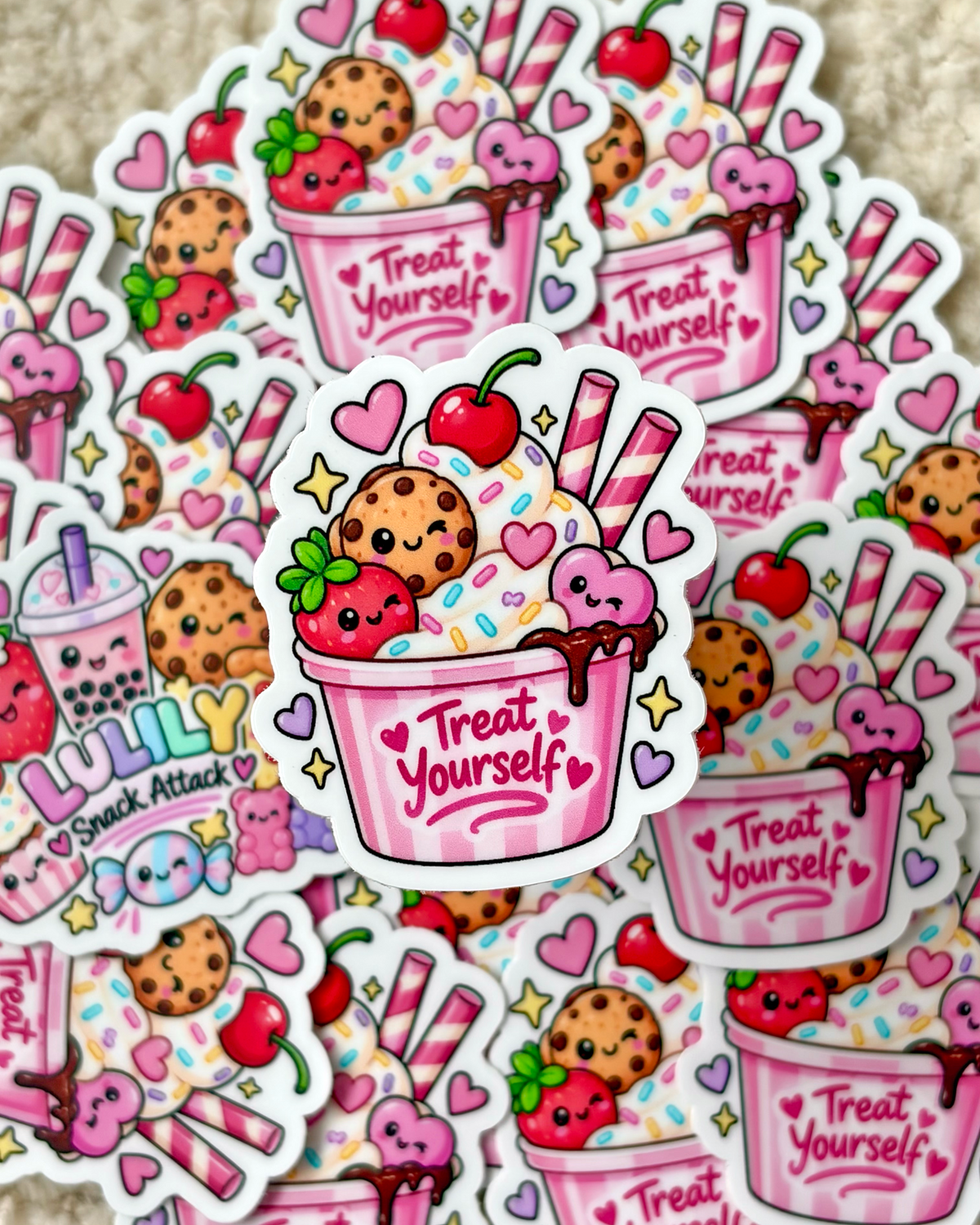 A pile of cute die-cut stickers featuring a pink ice cream cup with a smiling cookie, strawberry, cherry, and heart details, with the phrase 'Treat Yourself' written on the cup.