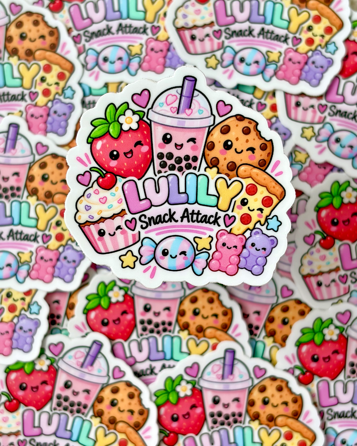 A close-up of a die-cut sticker featuring cute kawaii snacks and desserts, surrounded by many identical stickers on a white background.