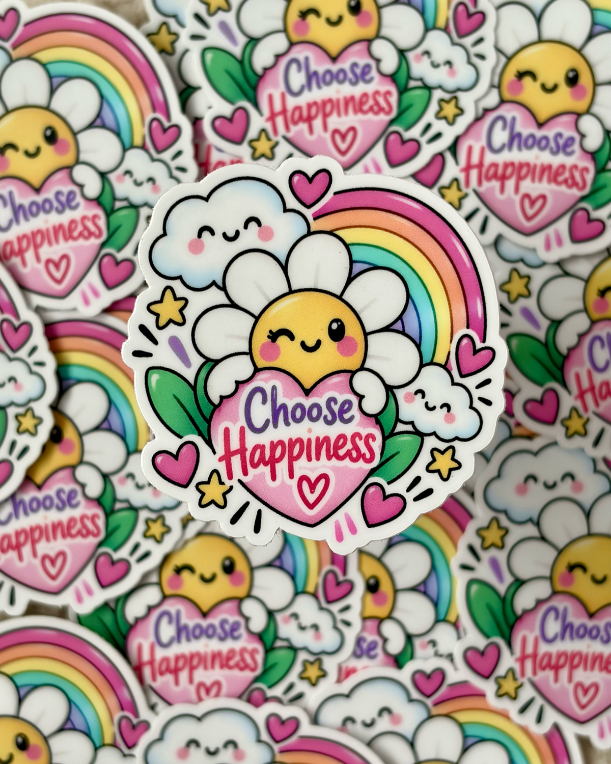 A close-up of a die-cut sticker featuring a smiling sun inside a daisy, surrounded by clouds, stars, hearts, and a rainbow, with the words “Choose Happiness” on a pink heart. Multiple identical stickers are scattered in the background.