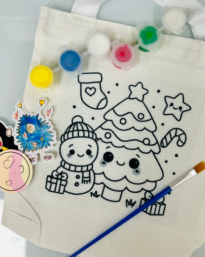 Christmas DIY Paint Tote Bag Kit for Kids – Festive Holiday Craft with Paints, Stickers & Brush 🎄