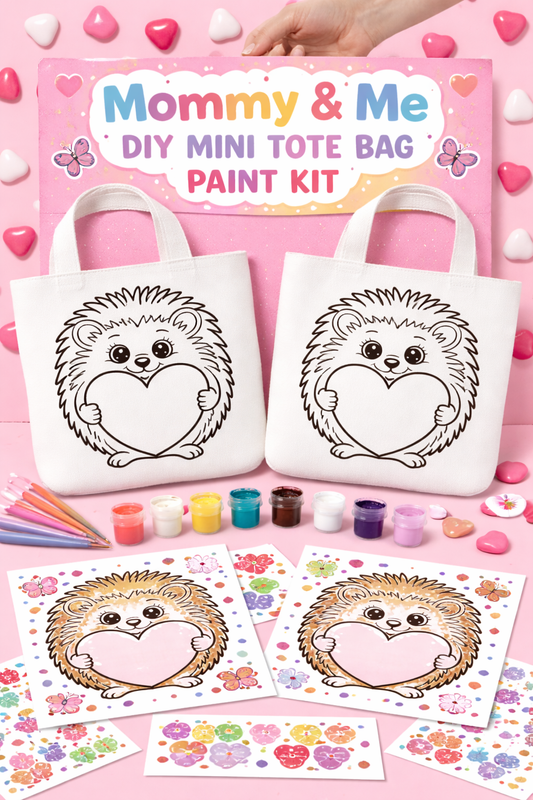 Mommy & Me DIY Mini Tote Bag Paint Kit with hedgehog design on a pink background