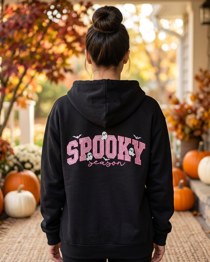 Black hoodie with pink glitter Spooky Season design, autumn worn mockup