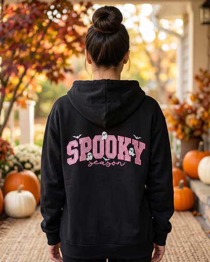 Black hoodie with pink glitter Spooky Season design, autumn worn mockup