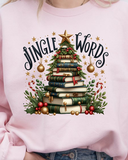 Pink sweatshirt with Christmas tree design and 'Jingle World' text on a white background