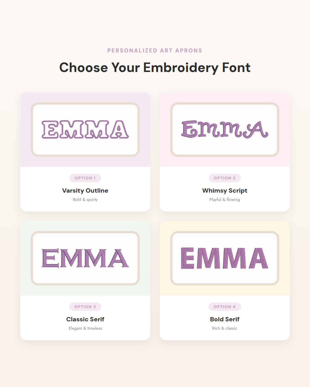Embroidery font options for personalized name: Varsity Outline, Whimsy Script, Classic Serif, and Bold Serif