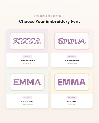 Embroidery font options for personalized name: Varsity Outline, Whimsy Script, Classic Serif, and Bold Serif