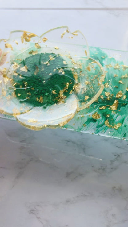 Green Feather & Gold Foil Resin Tray with Lotus Dish