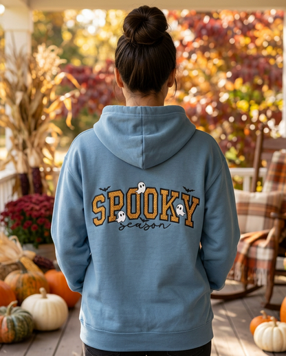 Spooky Season steel-blue hoodie autumn worn mockup