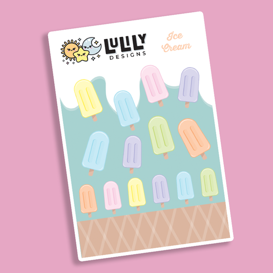 Sticker sheet of pastel ice cream popsicles on a ice cream themed background