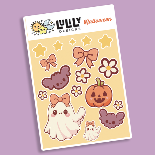 Halloween-themed sticker sheet with cute illustrations on a purple background