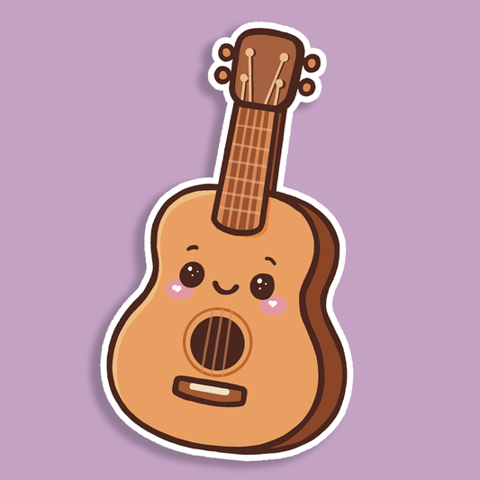 Cartoon guitar with a happy face on a purple background Strummy the Guitar Sticker